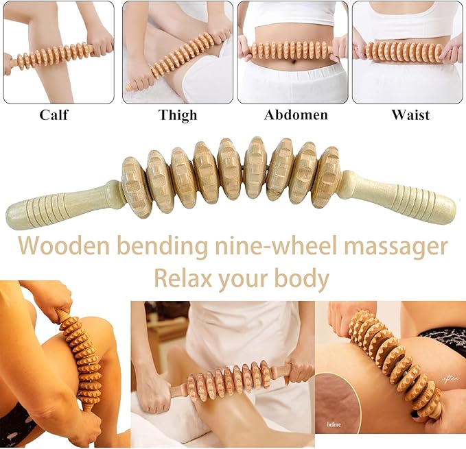 7-in-1 Lymphatic Drainage Massager Set，Wood Therapy & Cellulite Massager Tools for Gua Sha, Full Body Meridian Detox (Face/Head/Waist/Legs)，Maderotherapie Outils for Body Sculpting, lymphatic roller