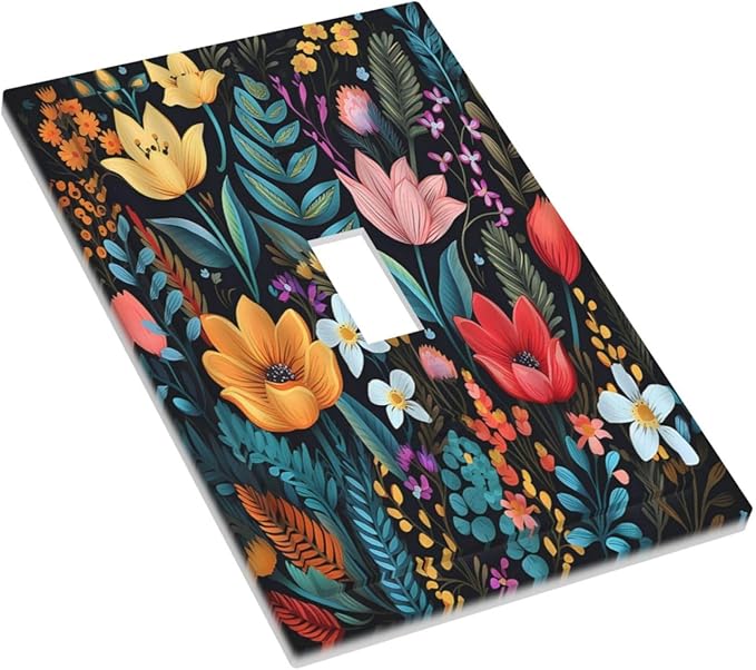 Boho Floral Vintage Flower Leaves Rustic Wildflower Plants 1 Gang Light Switch Covers Single Toggle Wall Plate Decorative Switchcover Electrical Switchplate for Country Bathroom Bedroom Decor