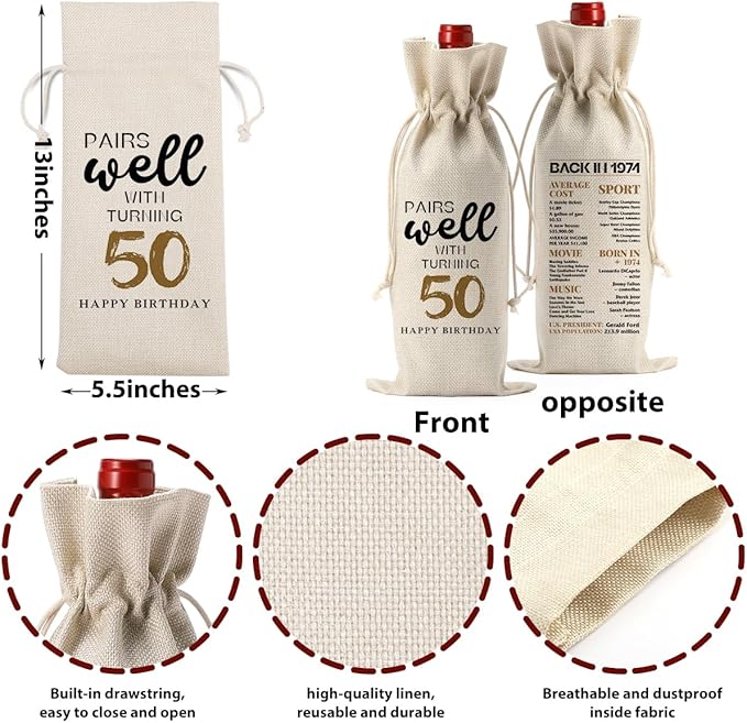 50th Birthday Gifts for Women Men, 50 Year Old Gifts for Women Grandparents Wine Gift Bag, Wine Accessories Gifts Anniversary 50th Birthday Decorations Wine Bag Wine Bags for Wine Bottles Gifts