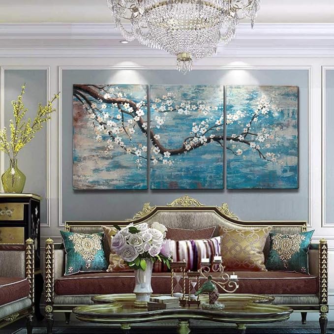 amatop Extra Large Wall Art for Living Room 100% Hand-Painted Framed Decorative Plum Floral Oil Painting Set Decorative Modern Blue Tree Artwork Ready to Hang