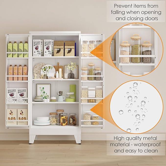 51" Kitchen Pantry Cabinet, Metal Storage Cabinet with 3 Adjustable Layer Shelves, 8 Door Shelves, Buffet Sideboard for Living Room, Kitchen, White