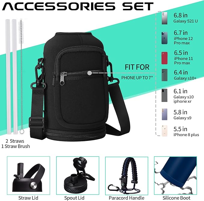 64OZ Insulated Water-Bottles with Straw - Spout Lid, Stainless Steel Metal Water Jug Keep Cold 48h/Hot 24h, Half Gallon Water Bottle w/ Paracord Handle & Carry Sleeve Strap for Hiking Camping Sport