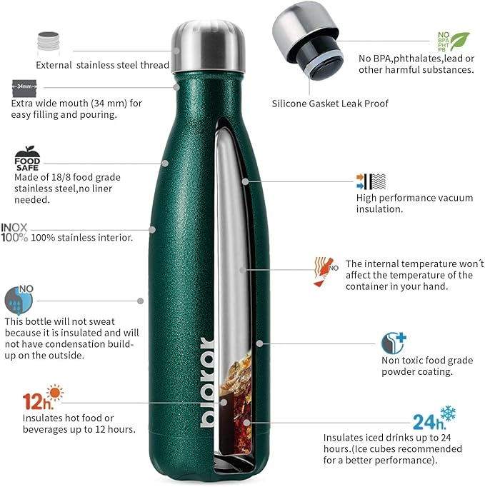 BJPKPK Insulated Water Bottles 17oz, Leak Proof Stainless Steel Water Bottle keeps Cold for 24H and Hot for 12H, BPA Free Water Bottle-Green