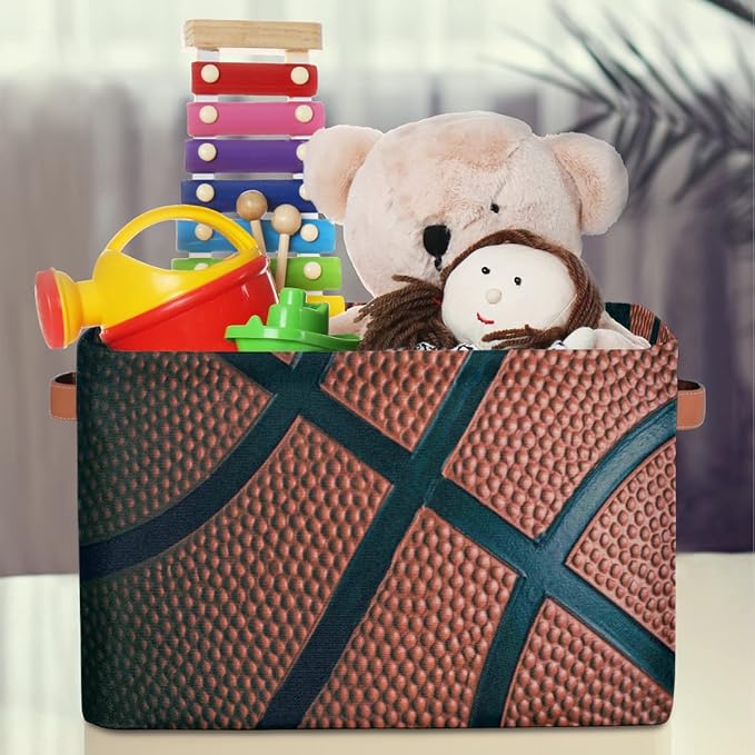 Basketball Storage Basket Collapsible Rectangular Storage Bin Large Fabric Storage Boxes Organizer 1Pc with Leather Handles for Clothes Toys Books Kitchen Laundry