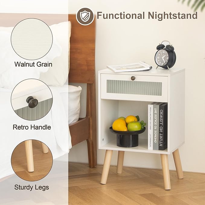 AWASEN White Night Stand, Modern Bedside Table with Glass Storage Drawer and Large Open Shelf, Wood Nightstand Side End Table with Solid Wood Legs for Bedroom, and Small Space, White