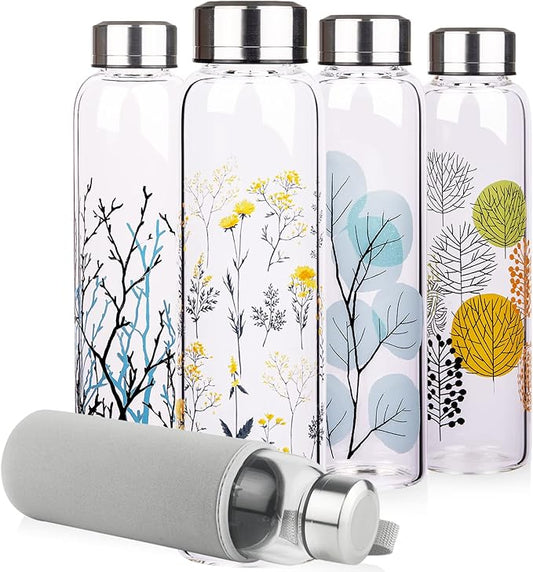 Borosilicate Glass Water Bottle, Sports Glass Drinking Bottle with Neoprene Sleeve and Stainless Steel Lid 16oz / 32oz (32oz, Blooming Branches)