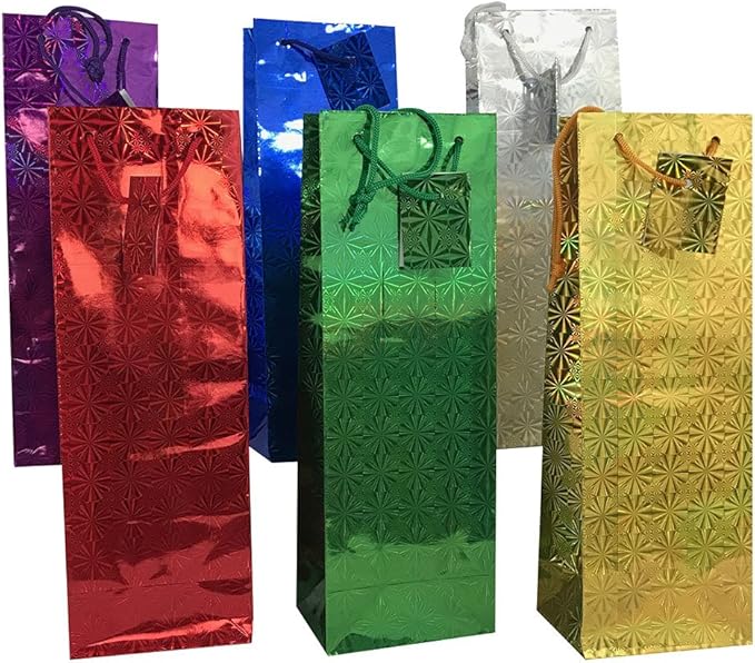 allgala Wine Gift Bags 12-PC 14"x5" Premium Wine Bottle Hologram Gift Bags 6 Color Assorted
