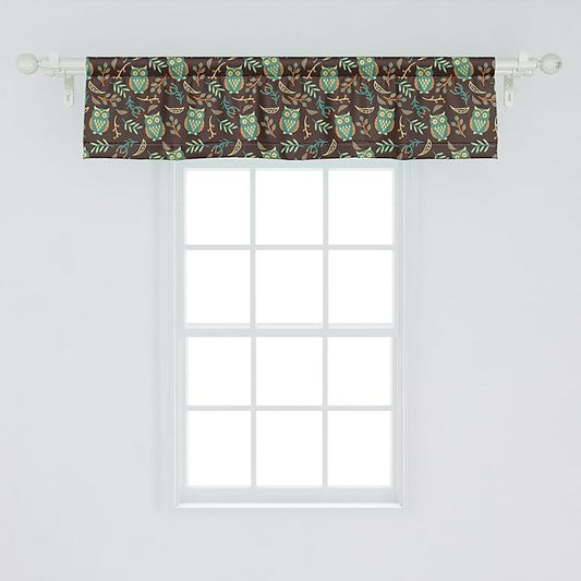 Ambesonne Owl Print Window Valance, Night Birds Leaves Berries Warm Autumn Colors Cartoon, Curtain Valance for Kitchen Bedroom Decor with Rod Pocket, 42" x 12", Brown Green