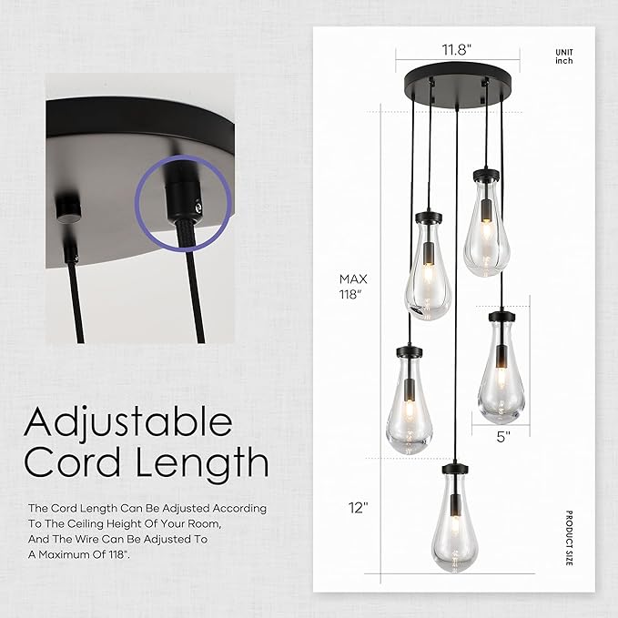 5-Light Raindrop Pendant Light Fixtures, Black Glass Pendant Lighting, Teardrops Modern Hanging Light for Entryway Foyer Kitchen Island Dining Living Room Hallway