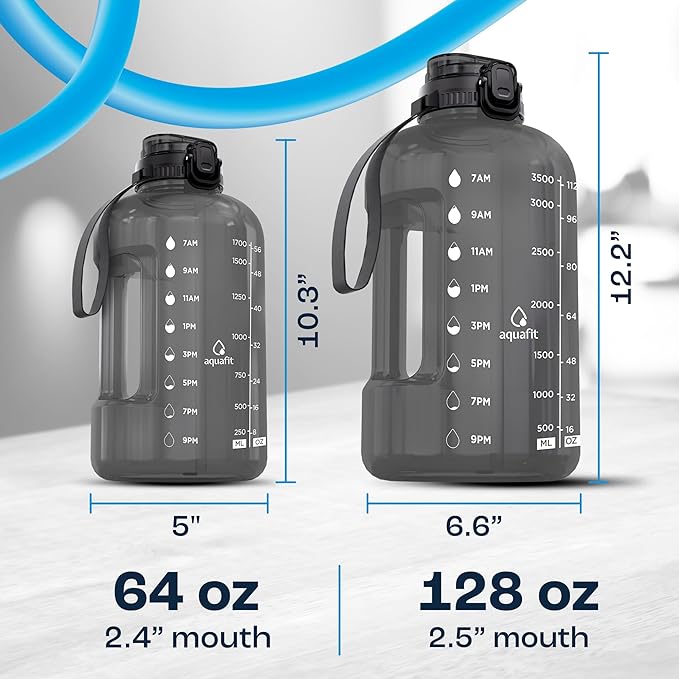 AQUAFIT 1 Gallon Water Bottle with Time Marker - BPA Free 128 oz Water Bottle with Straw, Gym Water Bottle with Handle, 1 Gallon Water Jug, Big Water Bottle, Large Water Bottle (Aqua)