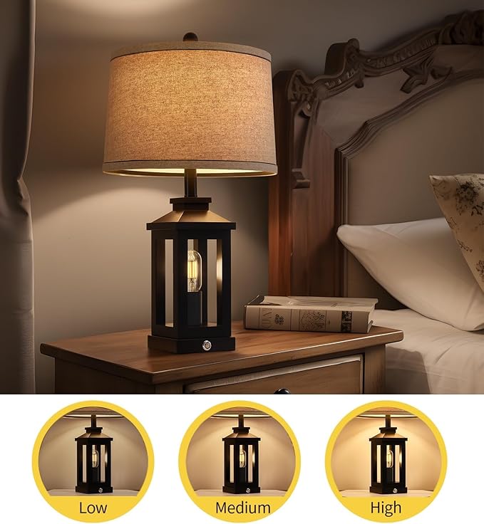 23.75" Retro Farmhouse Black Table Lamp for Living Room Bedroom Nightstand Set of 2 Touch Control Bedside Nightlight Vintage Modern Lamp with USB C+A Ports and 2 Light Sources