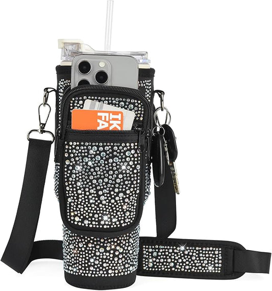 Bling Water Bottle Carrier Bag with Phone Pocket,Water Bottle Holder Bag for Stanley Cup Accessories,Cup Holder with Adjustable Shoulder Strap with Stanley 40 & 30 oz Tumbler,Black