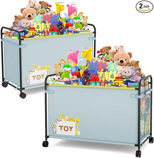 180L Large Toy Box with Wheels for Girls, Metal & Oxford Cloth Big Toy Chest for Boys, Toy Organizer with Wooden Handle for Stuffed Animals, Clothes, Bedroom, Living Room Area(Blue x2)