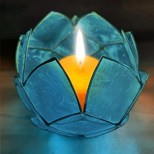 Blooming Lotus Capiz Shell Tealight Candle Holder, Handcrafted Decorative Tea Light Candleholder with Translucent Flower Petals for Ambient Illumination and Natural Elegance, Aquamarine