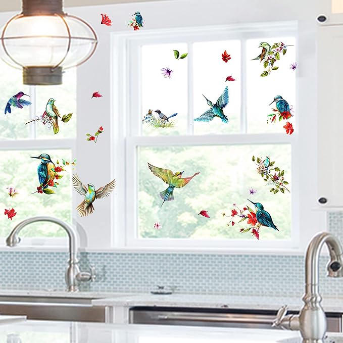 Birds Anti-Collision Spring Window Clings for Glass Windows, Glass Flower Wall Decals, Birds Alert Collision Window Decals Hummingbirds Butterfly Decal Prevent Bird Strikes on Windows Doors