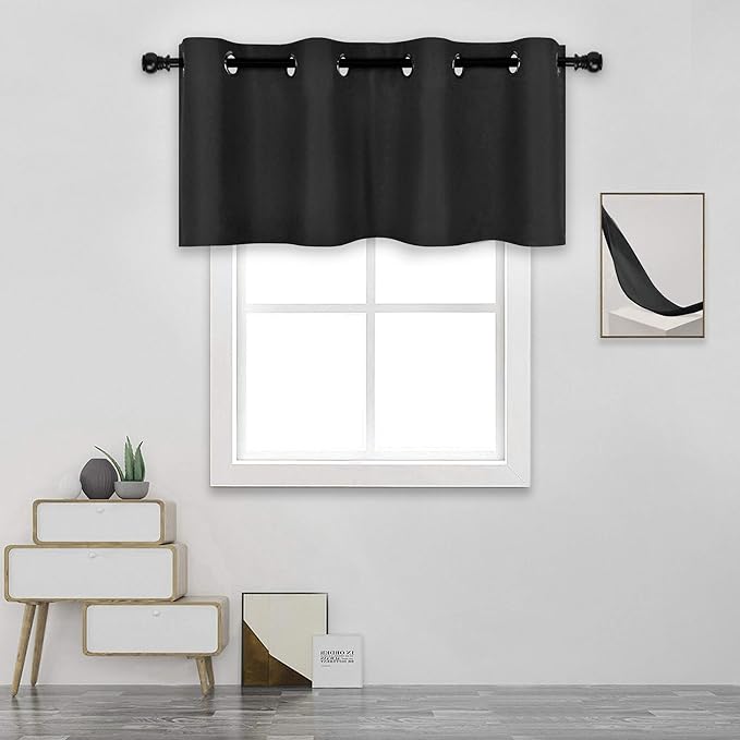 Black Valances for Windows for Kitchen Blackout Thermal Insulated Curtain Valance for Bathroom/Office Short Straight Drape Valance for Bedroom Kids Room 52 Inch Wide by 18 Inch Long 1 Panel