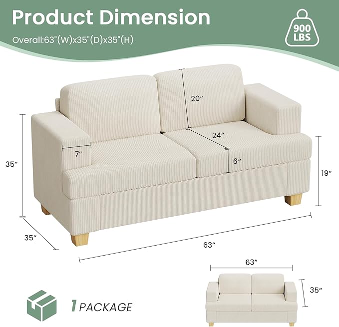 3 Pieces Corduroy Couch Set for Living Room, 3 Seater*2 & Loveseat Cloud Sofa, Deep Seat Floor Couch for Bedroom, Futon Modern Sofa Bed, White Corduroy