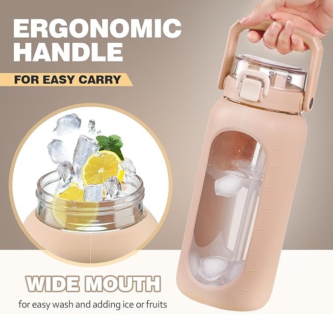 BLUEGO 64oz Glass Water Bottle with Handle and Straw, Motivational Sports Water Bottle with Time Marker and Silicone Sleeve Leakproof Drinking Bottle for Travel Gym Workout, Amber