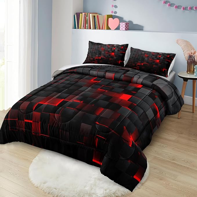 Bedbay Black Checkered Comforter Set King Size Plaid Bedding 4 Pcs Stereoscopic Glowing Square Geometric Printing Quilt Set Boys Girls Black Red Grid Bedding Set King Duvet Set (Red Black,King)