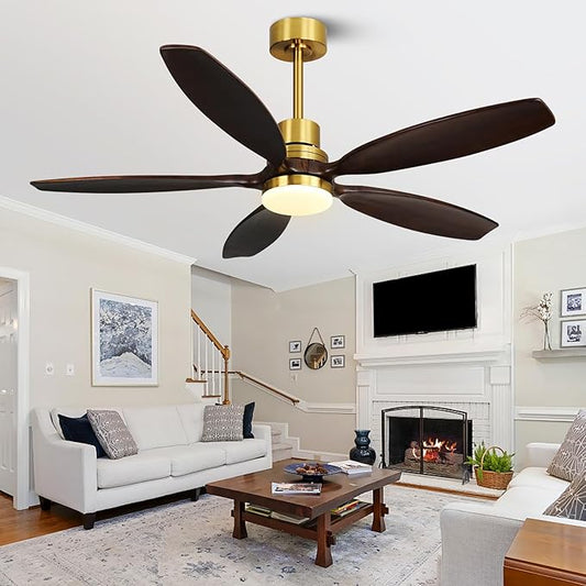 52" Ceiling Fan with Light and Remote,Reversible DC Motor,6Speed,Modern Natural Wood Ceiling Fan with Dimmable LED for Outdoor Patios Bedroom Living Room,Brown Walnut and Brass