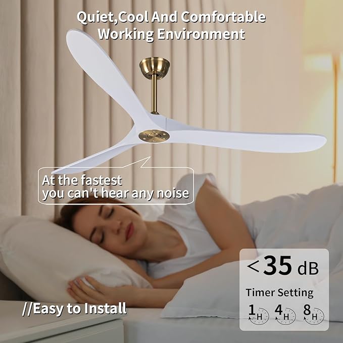 Bigzone 70" Large White Ceiling Fan With Remote Control, DC Motor Quiet Energy Saving,3 Black Balsa Wood Blades,Outdoor/Indoor Ceiling Fan With Reversible Blades