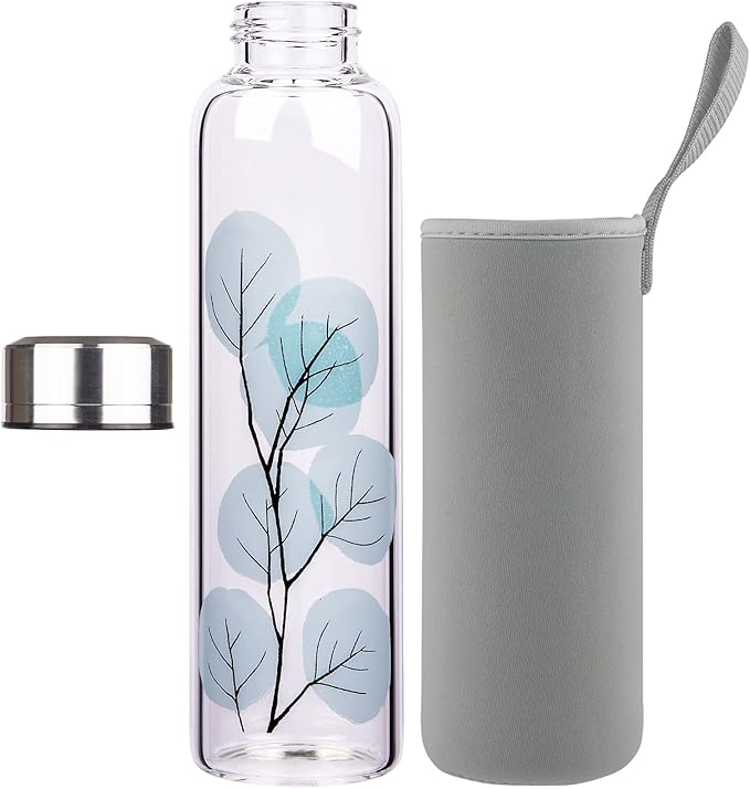 Borosilicate Glass Water Bottle, Sports Glass Drinking Bottle with Neoprene Sleeve and Stainless Steel Lid 16oz / 32oz (32oz, Blue Leaves)
