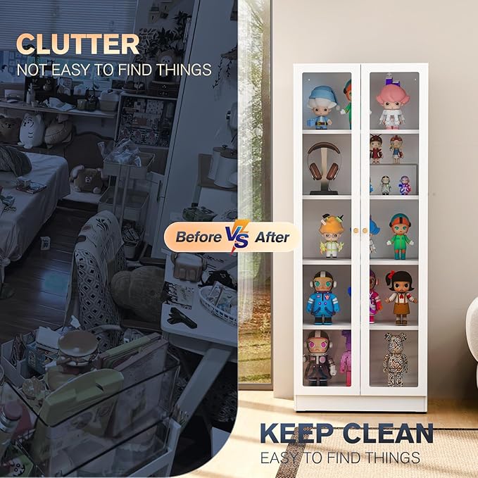 5 Tier Metal Curio Cabinets, Modern Bookshelf Cabinet with 4 Adjustable Shelves, Cabinet Display Case for Home Office, Living Room, Pantry (White-27.5W)