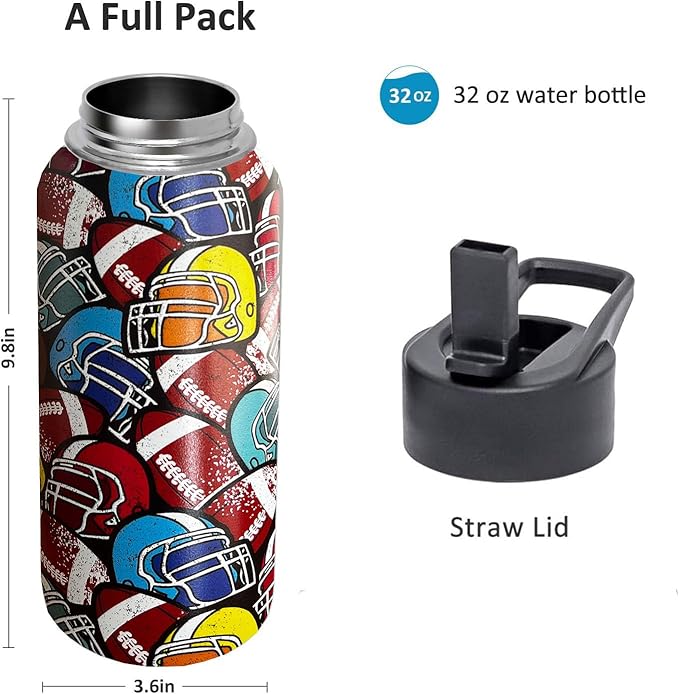 32 oz Football Water Bottle Insulated Vacuum Stainless Steel Sports Water Bottle with 2 Lids (Straw and Spout Lid) for Gym Camping Hiking