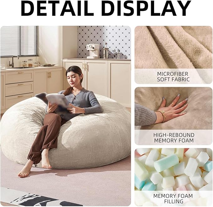 Bean Bag Chair 6Ft, Memory Foam Filled, Large Beanbag Chairs for Adults and Teens, Soft Sofa with Removable Flannel Cover, Round Couch for Living Room Bedroom College Dorm (Apricot, 6FT-67×67"×24")