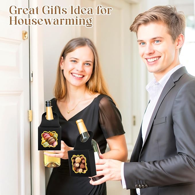 40PCS Wine Bottle Box with Window, Megitzuu Kraft Paper Wine Boxes for Gifts Hanging Wine Treat Box Mini Charcuterie Boxes Empty Champagne Bottles Gold Foil Gift Box Hanger Candy Box for Party (Black)