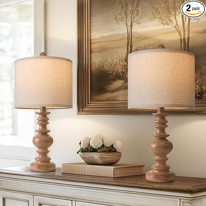 BOBOMOMO 20" Rustic Bedside Lamps Set of 2- Vintage Resin Table Lamps for Nightstands with Linen Shades, Farmhouse Lamps for Living Room, Bedroom, and Hallway (Light Brown) - Ideal for Compact Spaces