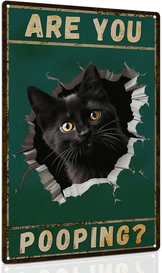 ALKB Are You Pooping Signs Funny Black Cat Sign for Bathroom Wall Decor, Vintage Cat Gift 8 x 12 Inch