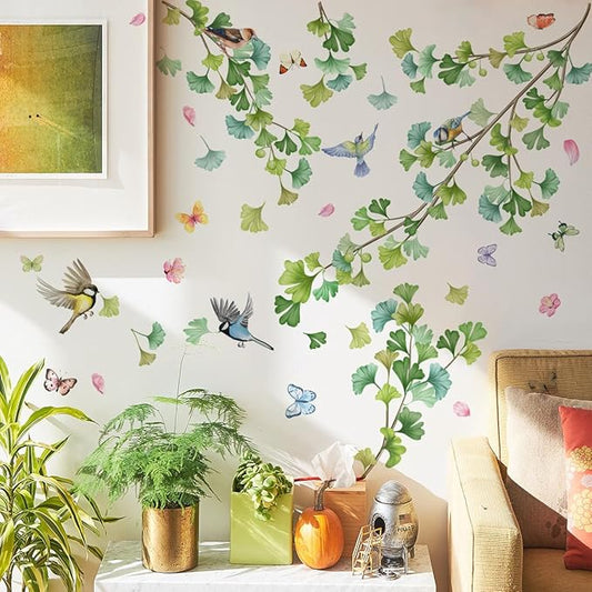 Butterfly, Bird, Decal, Green Leaf Wall Sticker, Ivy Vine Plant Wall Sticker, Living Room, Bedroom, Sofa, TV Background Wall Decoration