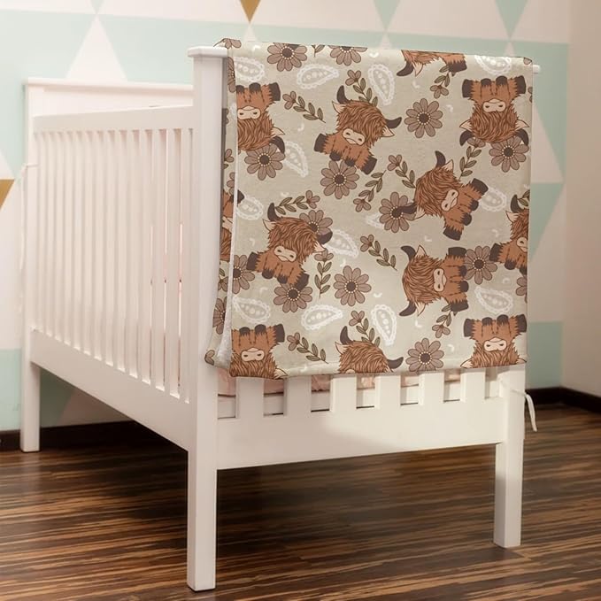 Boho Highland Cow Paisley Floral Baby Blanket Girls Gift, Beige Western Cowgirl Flower Flannel Fleece Nursery Bed Blankets, Soft Lightweight Newborn Infant Toddler Kids Crib Bedding 30 x 40