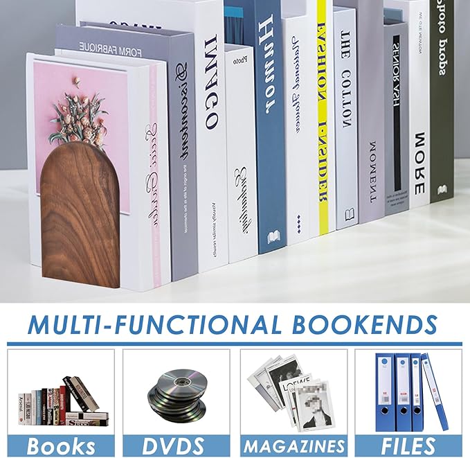 Book Ends, Sturdy Wooden Bookends for Shelves - Heavy Duty Non-Slip Book Organizers, Decorative Bookend Holders for Home Office, Library, Black Walnut Universal Economy Bookend, Medium, 1 Pair