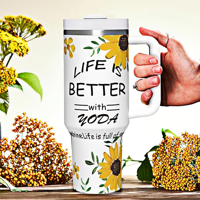 30oz Sunflowers Coffee Tumbler with Handle, Stainless Steel Double Wall Vacuun Insulated with Straw and Leak Proof Lid Travel Coffee Mug Cup, Birthday Gifts for Adult Women Men