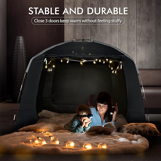 Bed Tent Bed Canopy Portable Full Size Dream Tents 4 Doors 4 Mesh 80% Blackout - Indoor Breathable Sleeping Tents Privacy Space Tents for Adult with String Light