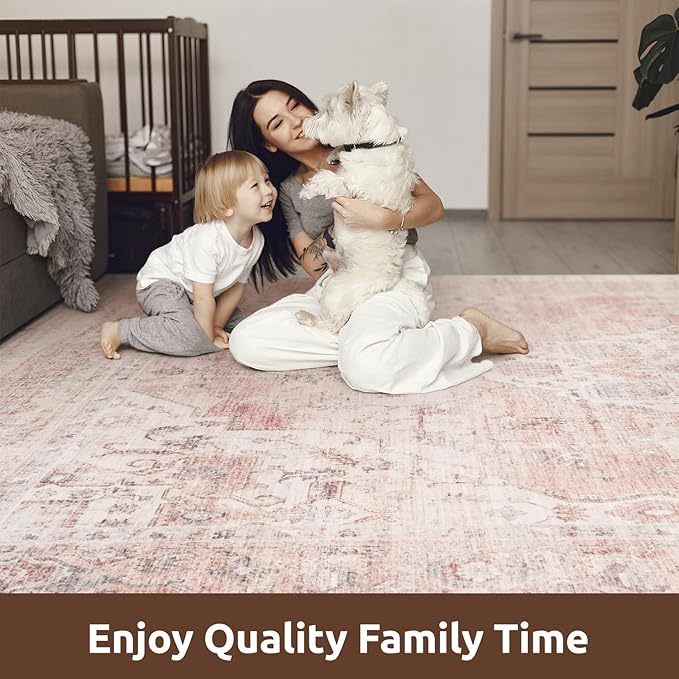 AMOAMI 4x6 Soft Vintage Area Rug - Non-Slip Washable Rug for Living Room, Bedroom, Dining Room, Office - Pink