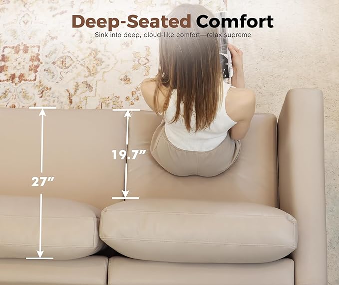 118.5" Faux Leather Modular Sectional Convertible Sofa, L Shaped Couch Set for Living Room, Large 8-Seater Comfy Cloud Couches with Movable Storage Ottoman DIY Combination - Whitesand