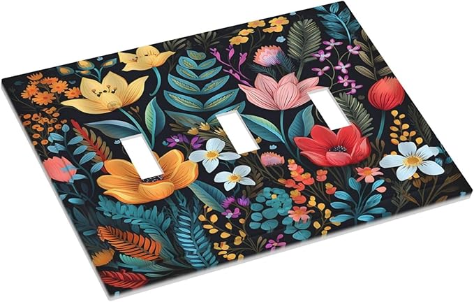 Boho Floral Vintage Flower Leaves Rustic Wildflower Plants 3 Gang Light Switch Covers Triple Toggle Wall Plate Decorative Switchplate Electrical Faceplate for Country Bathroom Bedroom Kitchen Decor