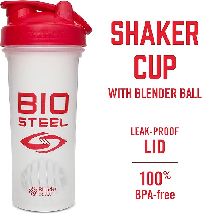 BIOSTEEL Shaker Cup with Wire Whisk Blender Ball, Leak-Proof Design, BPA-Free Plastic, 24 Ounce