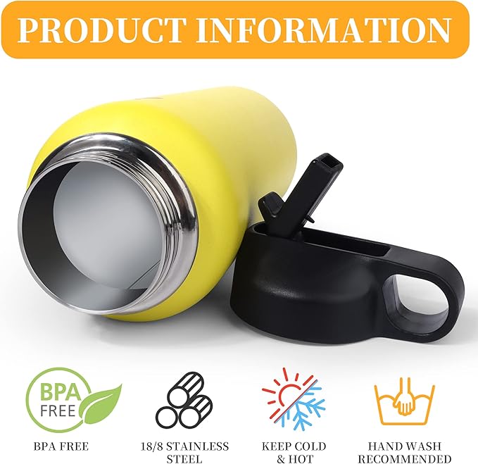 22oz Wide Mouth Softball Water Bottle with Two Lids(Straw, Handle Lid), 18/8 Stainless Steel Vacuum Insulated for Travel & Sport Cup. (Softball Yellow, 22oz)