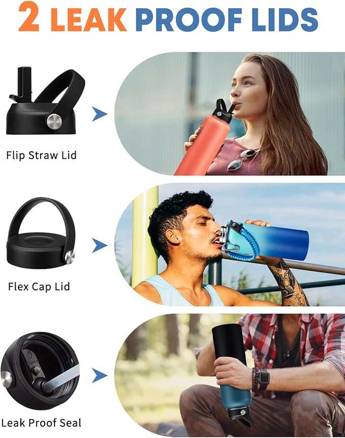 40 OZ Stainless Steel Water Bottle - with Straw, Leak Proof & BPA-Free, 40oz Insulated Water Bottles Thermal Flask Jug with Paracord Handle & Straw Spout Lids, Cold for 48 Hrs