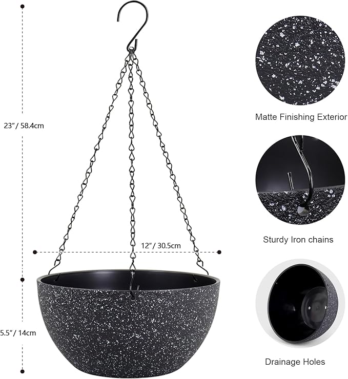 12 inch Large Hanging Planters for Indoor Outdoor Plants, 2 Pack Hanging Flower Pots with Drainage Holes and Chain for Garden Porch, Plastic Hanging Baskets for House Plants, Speckled Black