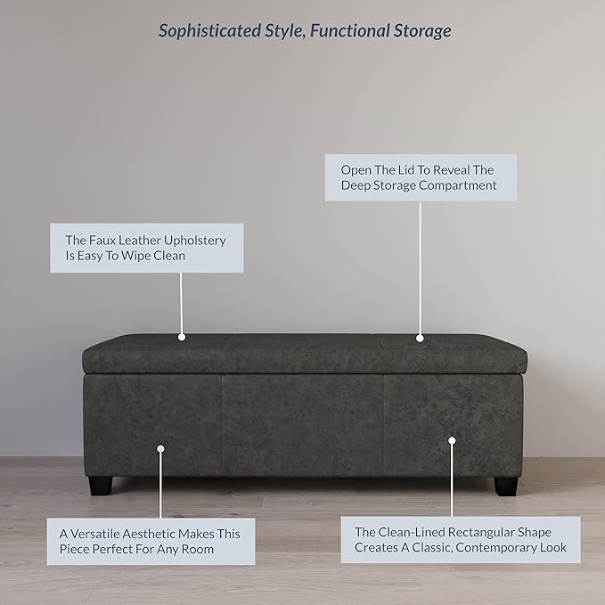 BELLEZE Storage Faux Leather Ottoman, 47 Inch Bench Bedroom Bench with Safety Close Hinge, Extra Long Ottoman with Storage for Living Room, Entryway, Hallway, Foot Rest, Support 300lbs - Rustic Gray