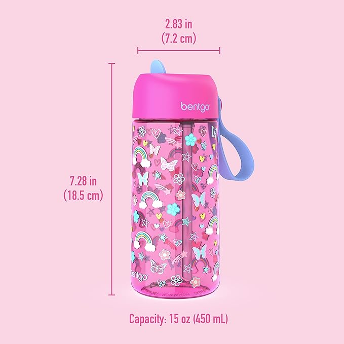 Bentgo Kids Water Bottle - Leak-Proof, Durable Tritan™, BPA-Free 15 oz. Cup for Kids/Toddlers Ages 3+ - Flip-Up Straw & Dishwasher Safe for School, Sports, Daycare & Camp (Rainbows & Butterflies)