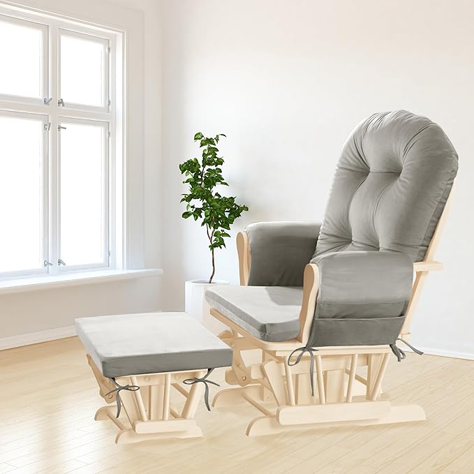 5 PCS Velvet Glider Rocker Replacement Cushions with Side Storage Pocket, Thickened & Supportive Cushions Set for Indoor Nursery Rocking Chair, Khaki