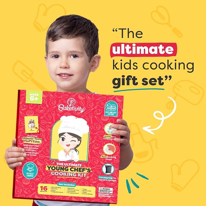 Baketivity Kids Cooking Set Real Utensils With Kitchen Tool Guide - Complete Junior Cooking Set Gift For Girls Or Boys With Mixing Bowls, Cutting Board, Knife, Apron - Kids Baking Set For Real Cooking