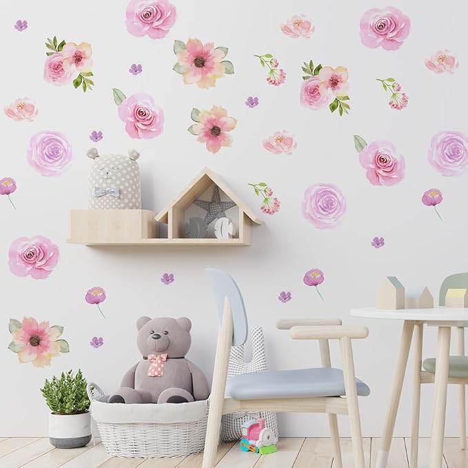 60pcs Pink Flower Wall Sticker Watercolor PVC Peel and Stick Wall Decals Cute Peony Floral and Leaves Pastel Flower Decor for Kids Bedroom Living Room Baby Nursery Kindergarten