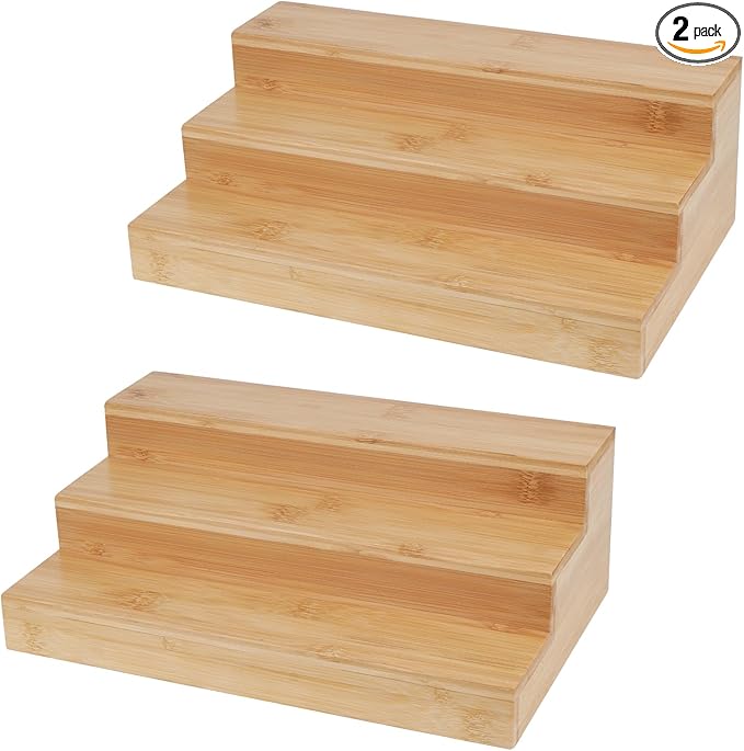 2 Pack Bamboo Spice Rack Organizer for Countertop, 3 Tier Spice Step Shelf for Cabinet (Jars Not Included)